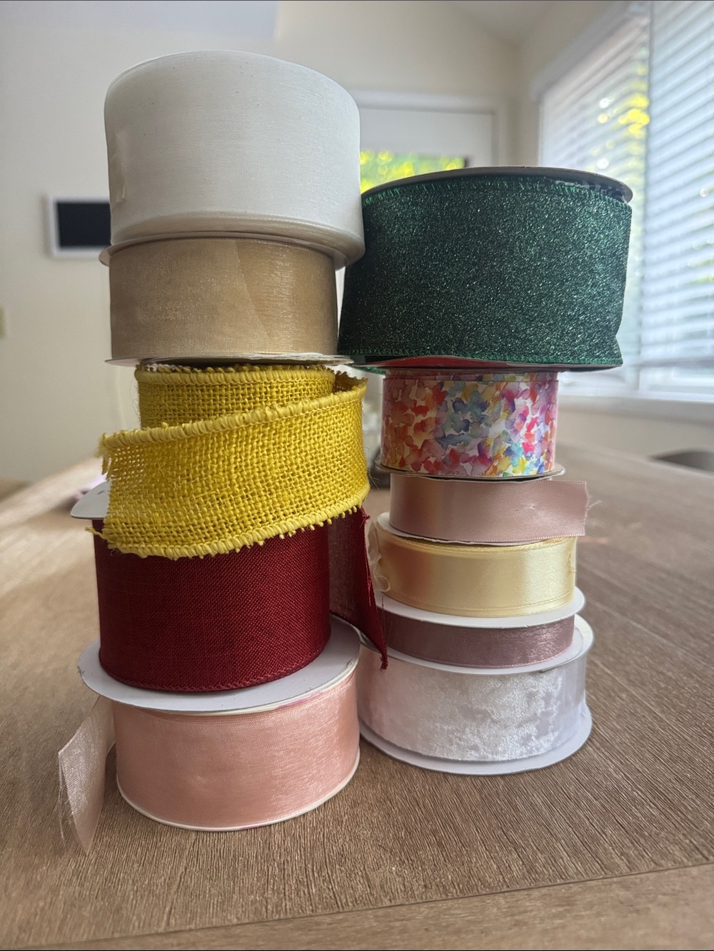 Assorted Decorative Ribbon Bundle - Green, Yellow, Red, Pink, Cream, Gold, Multi